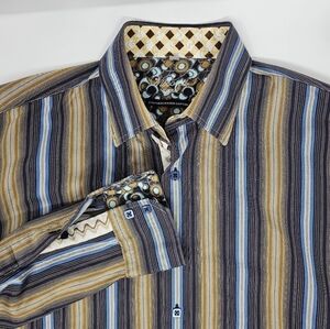 Visconti Uomo Mens Sz Large Brown Gold Striped Mercerized Flip Cuff Long Sleeve.